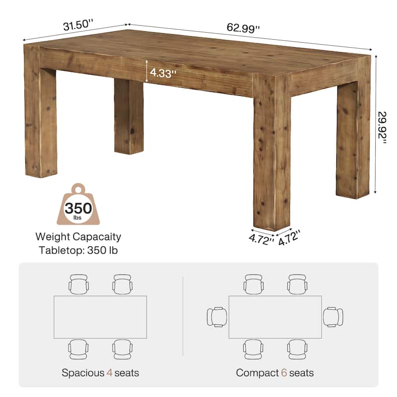 63" Solid Wood Dining Table for 4-6, Rectangle Farmhouse Kitchen Table
