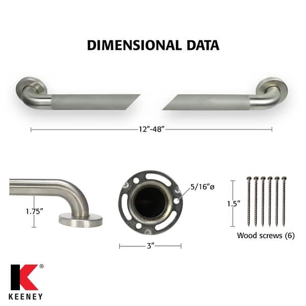 dimension image slide 1 of 2, Keeney 1-1/2 in. Classic Stainless Steel Grab Bar, Concealed with Safety Grip