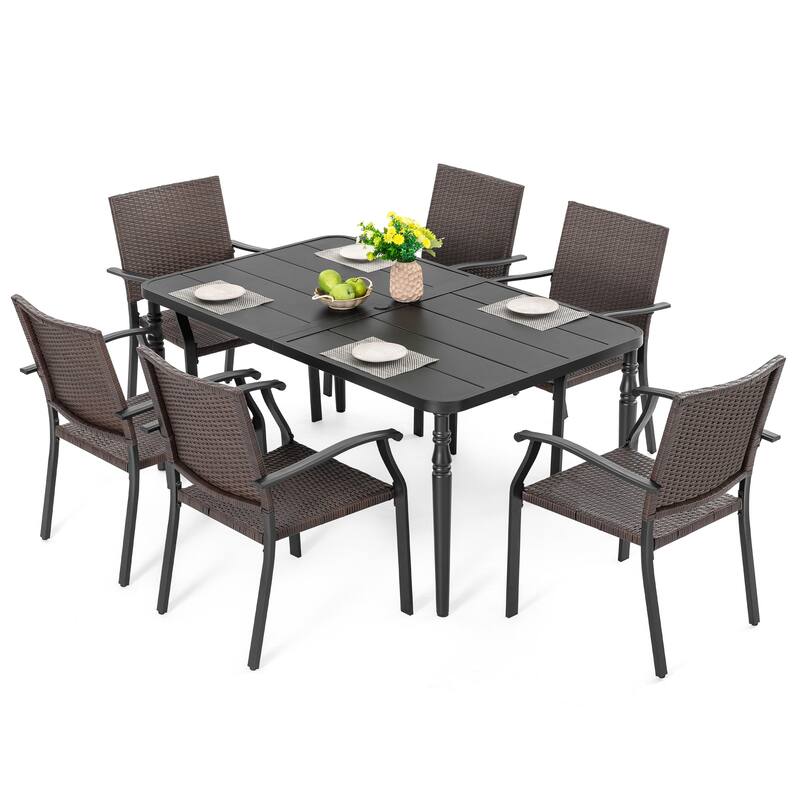 Outdoor 7-Piece Metal Wicker Dining Set with 1.6'' Umbrella Hole, Black