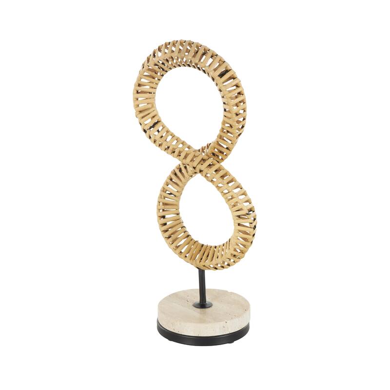 Brown Rattan Handmade Infinity Shaped Abstract Decorative Sculpture with White Marble Base