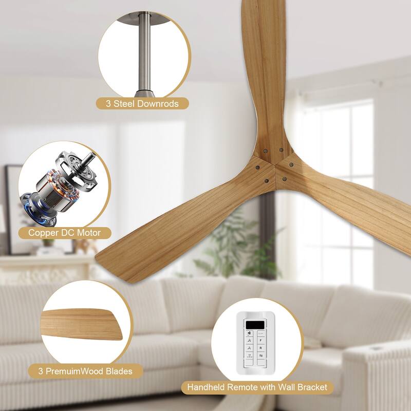 Sofucor 48/52 Inch Ceiling Fan with Light, Solid Wood Blades for Living Room, Bedroom,Smart Optional