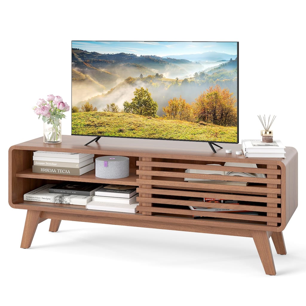 Gymax TV Stand w/Sliding Door Adjustable Shelves & Rubber Wood Legs