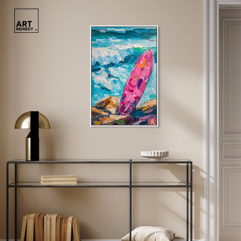Art Remedy Just A Little Break Wave Framed Colorful Coastal 1 Piece Canvas Wall Art
