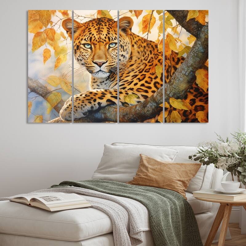Designart "Leopard Grace I" Animals Multipanel Canvas Print set - 48 In. Wide X 28 In. High - 4 Panels Equal Panels