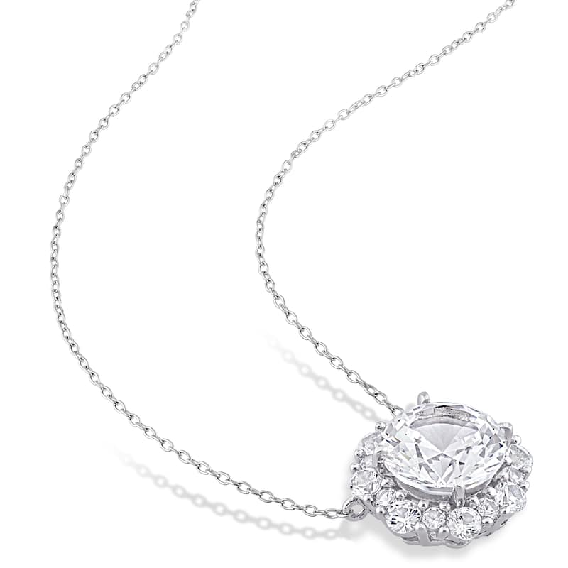 Miadora Created White Sapphire Halo Station Necklace in 10k White Gold
