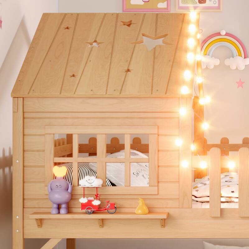 House Loft Bed with Slide and LED Lights, Kids Playhouse Bed with Star & Moon Cutout Roof and Window, Low Loft Bed