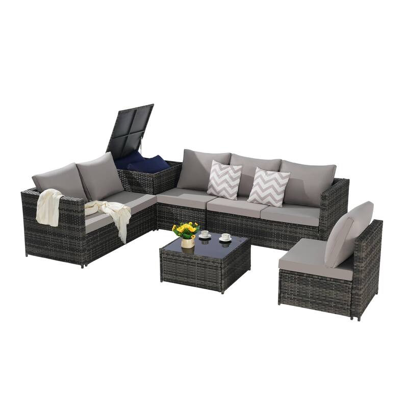6-Piece Outdoor Wicker Sectional Patio Furniture Set with Storage Corner, and Tempered Glass Coffee Table
