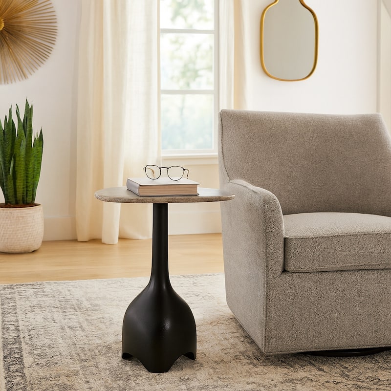 Curved Marble Top with Metal Base End Table - Black, 21 in.