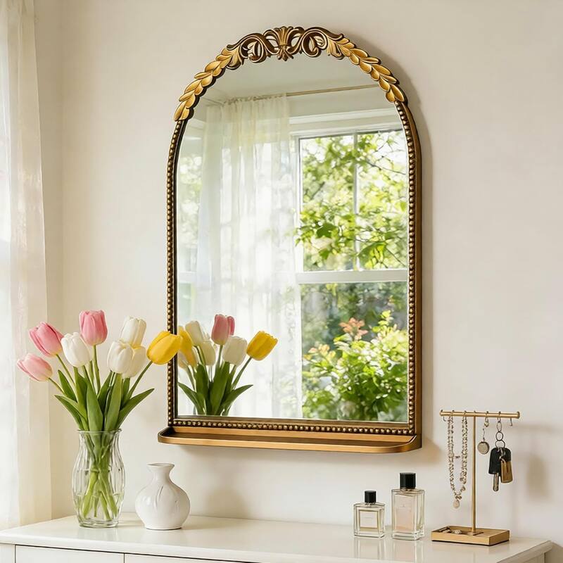 Ornate Arch Top Metal Framed Wall Mirror with Shelf