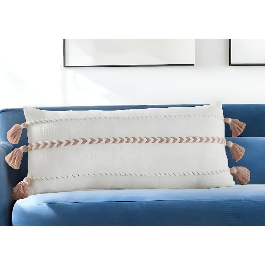 12" X 30" Pink and White Striped Cotton Throw Pillow With Tassels