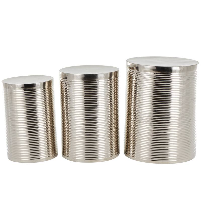 Gold or Silver Metal Metallic Ribbed Drum Accent Table (Set of 3)