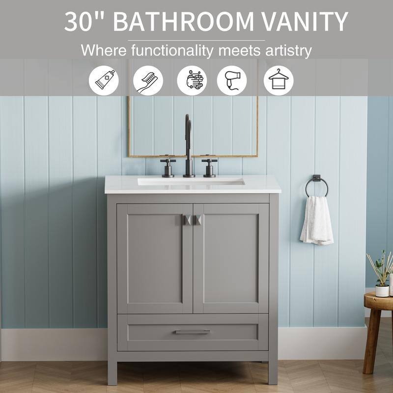 ABRUZZO 30" Freestanding Bathroom Vanity with Carrara Marble Top Solid Wood Frame Soft-Close Doors Undermount Ceramic Sink
