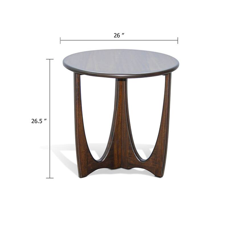 Natra Side End Table, 26 Inch Round, Cutout Base, Dark Brown Solid Wood