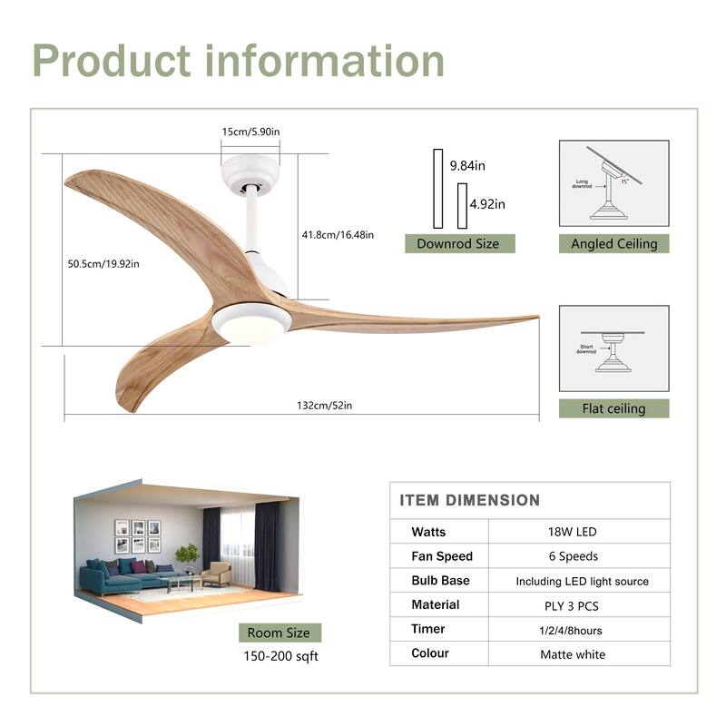 52 Inch Ceiling Fan with Light and Remote, Indoor/Outdoor Wood Ceiling Fan with 3 Blades, Noiseless Reversible DC Motor
