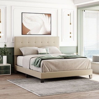 Linen Upholstered Platform Bed with Tufted Headboard - Bed Bath ...
