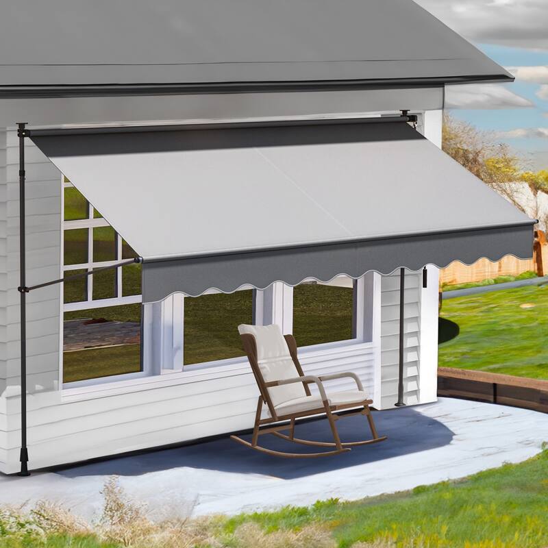 Mosis 13' x 4' Manual Retractable Awning, Non-Screw Freestanding Patio Sun Shade Shelter with Support Pole Stand - 8.2*3.9 Ft - Grey