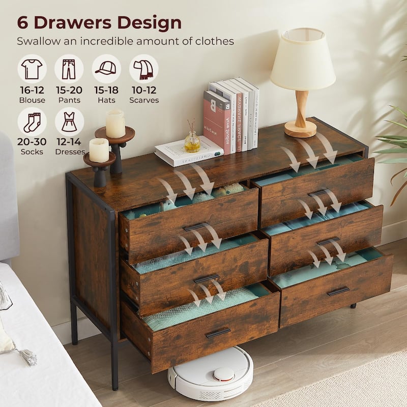 Rustic Wood Dresser with 6 Drawers, Wide 48'' Brown TV Stand with Storage