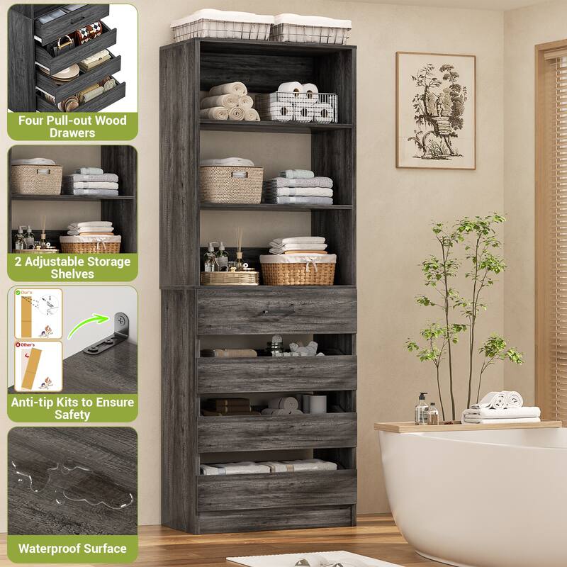 21.3'' W Closet System with 4 Wooden Drawers, 1.78FT Walk-in Closet Organizer Wardrobe with Adjustable Open Shelves