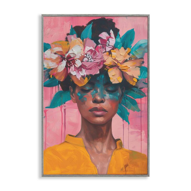 Stupell Woman With Floral Headdress Framed Giclee Art Design By LSR Design Studio - 16 x 24 - Grey