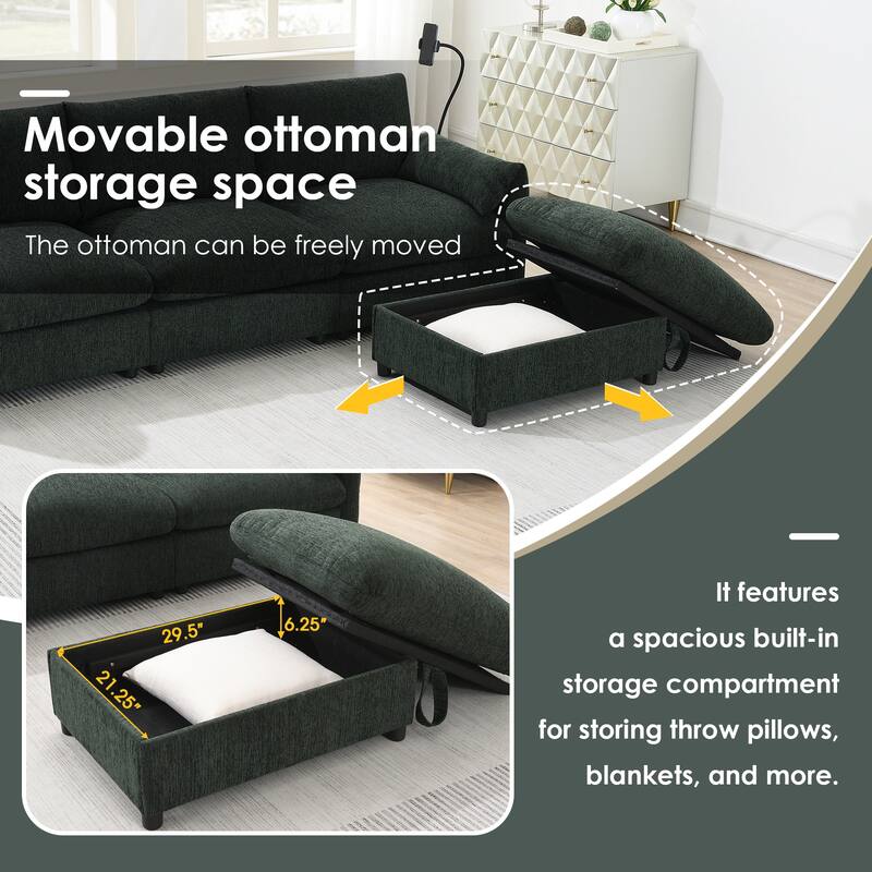 96.5'' 4-Seat Chenille Sectional Sofa, Storage Ottoman, Phone Holder, USB Charger, Green