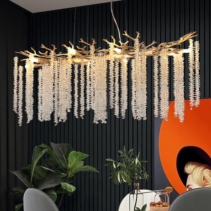39.4-inch Modern Golden Pendant Light with Cascading Crystal Strands(Bulb Not Included)