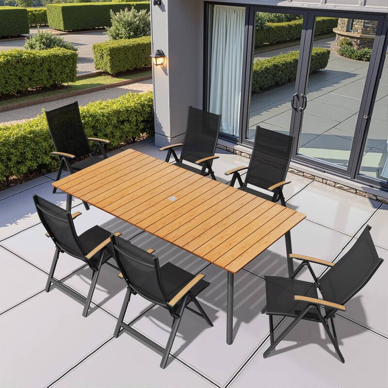7/9-Piece Outdoor Rectangle Aluminum Dining Table with Umbrella Hole include Folding Chairs - 82.7in-BrownTable-7PC