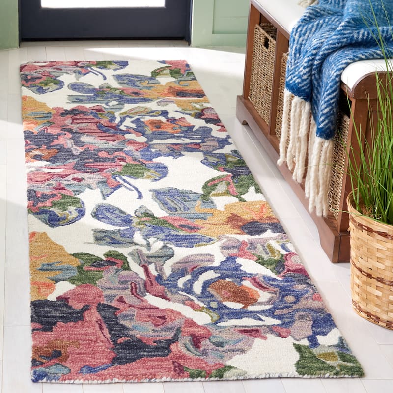 SAFAVIEH Handmade Blossom Lazara French Country Floral Wool Rug - 2'3" x 8' Runner - Ivory/Blue