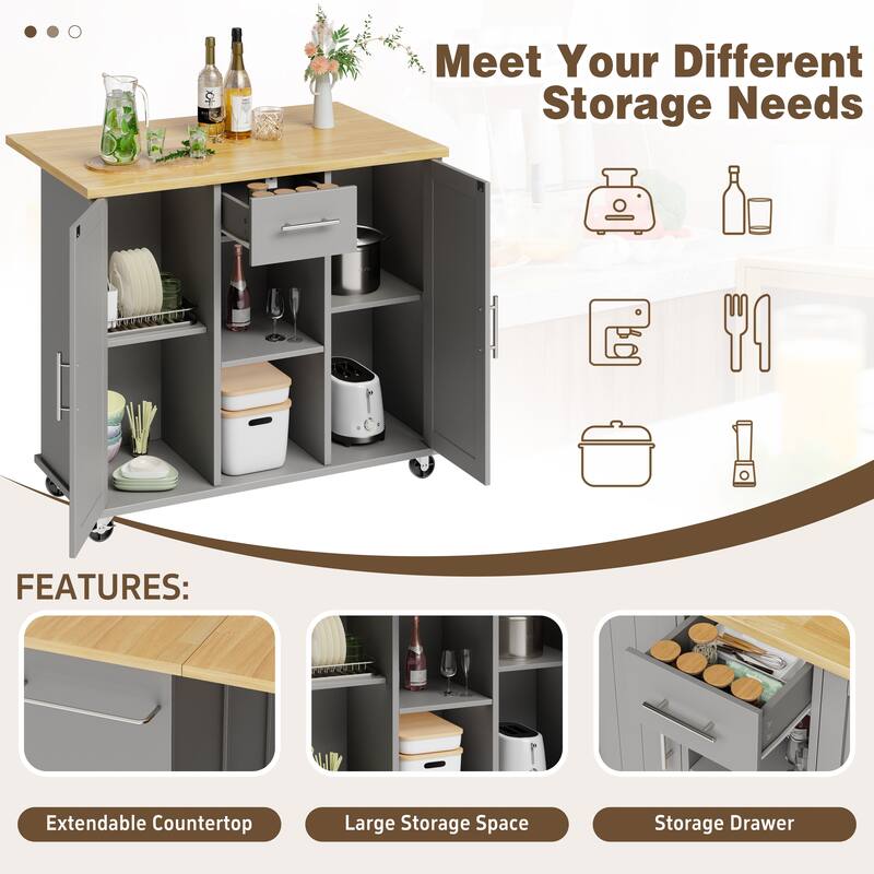 Rolling Kitchen Island Cart with Open Shelf & Drop Countertop - N/A