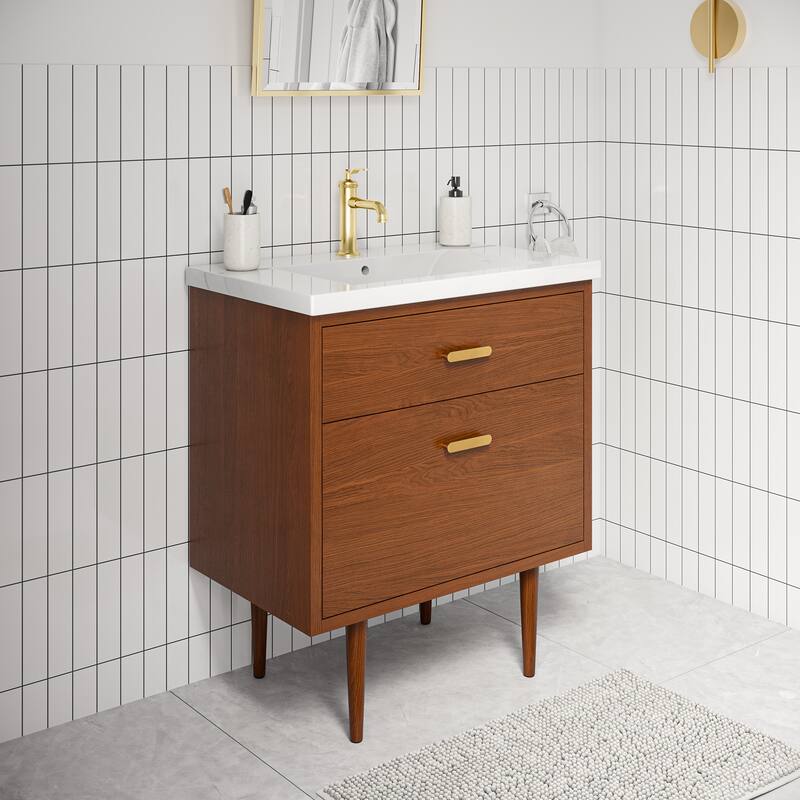 Brandy Integrated Ceramic Sink Top Vanity in Honey Walnut with Satin Gold Single Faucet