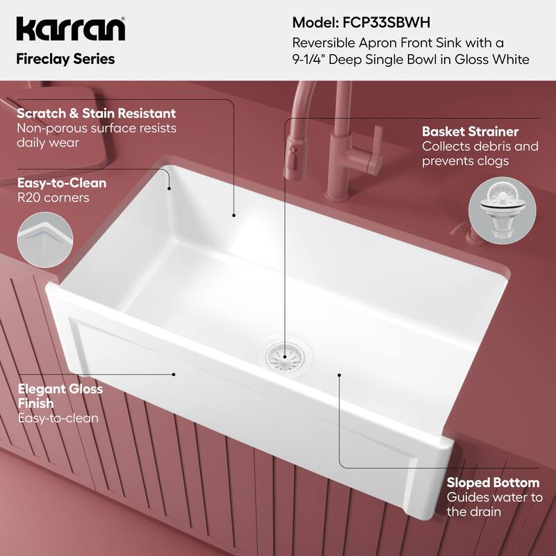 Karran FCP33SB 33" Single Bowl Panel Front Farmhouse Fireclay Kitchen Sink with Reversible Apron Front
