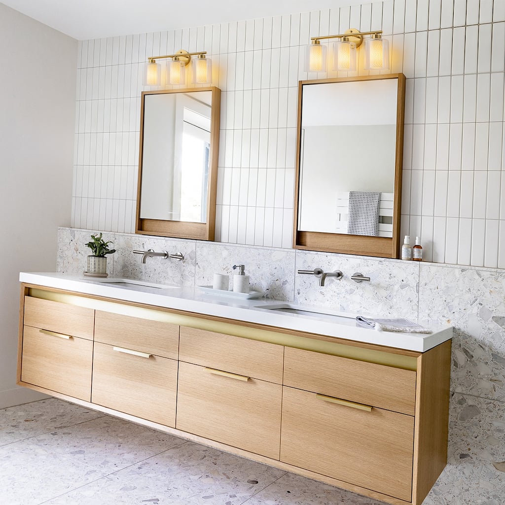 Modern Gold Vanity Light with Double Cylinder Shades Bathroom