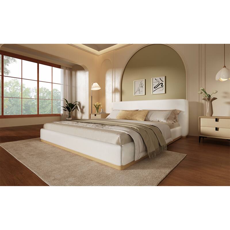 Roomfitters Elegant Upholstered Bed Frame, Solid Wood Slat Support, White