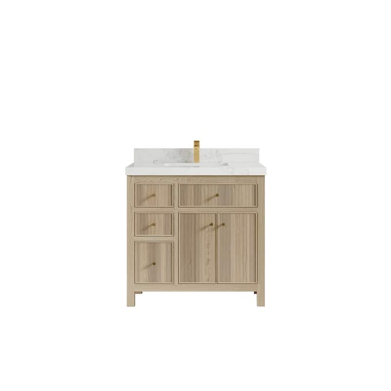 Willow Collections 36 x 22 Sonoma Oak Wood Center Sink Right Bathroom Vanity with Quartz or Marble Countertop