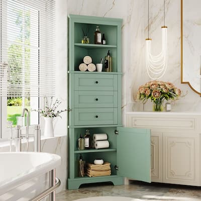 Green Triangle Tall Bathroom Cabinet with 3 Drawers and Adjustable Shelves
