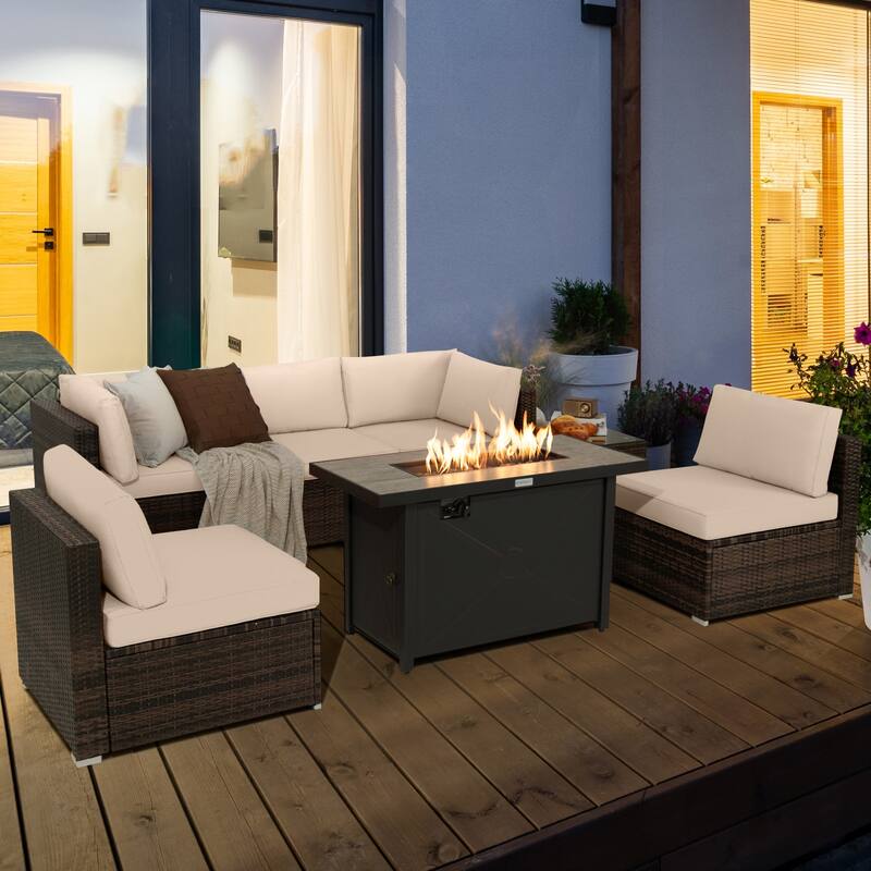Gymax 7PCS Patio Rattan Furniture Set Fire Pit Table Cover Cushion