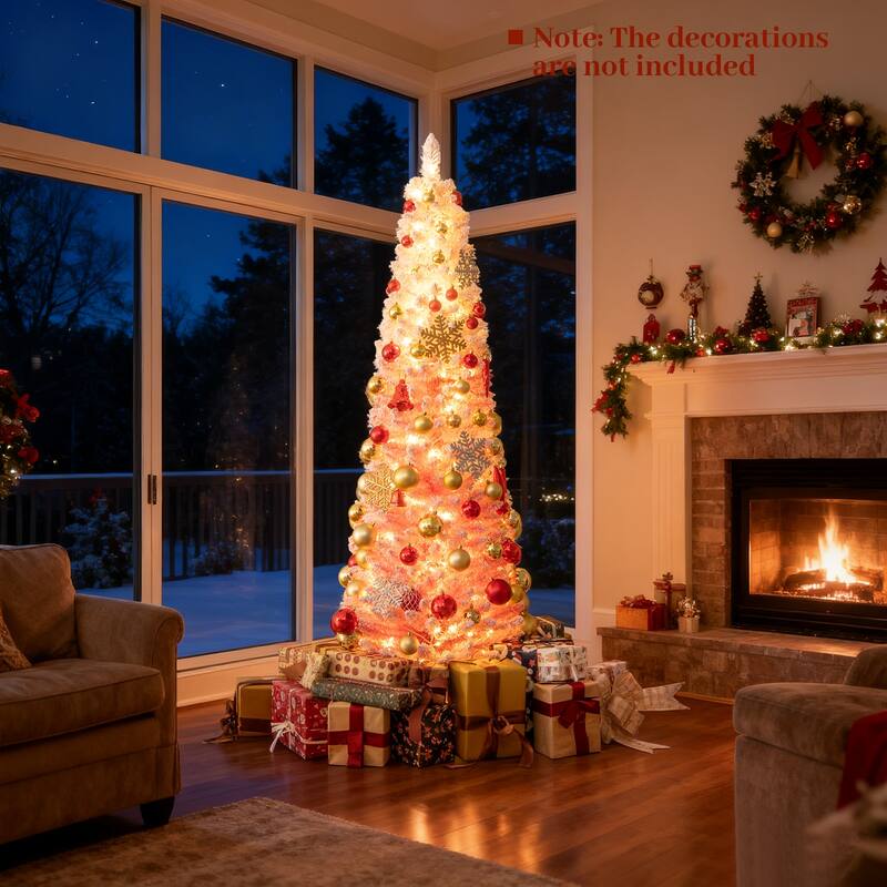 Gymax Pre-Lit Christmas Tree Slim Pencil Xmas Tree w/ Snow Flocked PVC