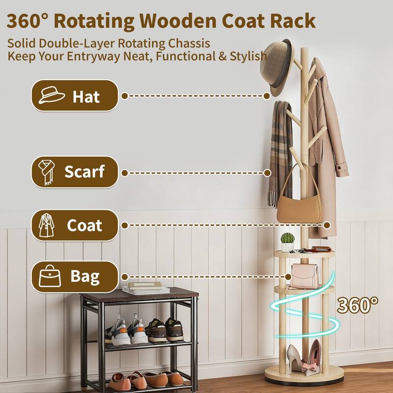 VECELO Modern Freestanding Coat Rack with 6 Branch Hooks Double Shelves, and Shoe Storage for Entryway Living Room Bedroom.