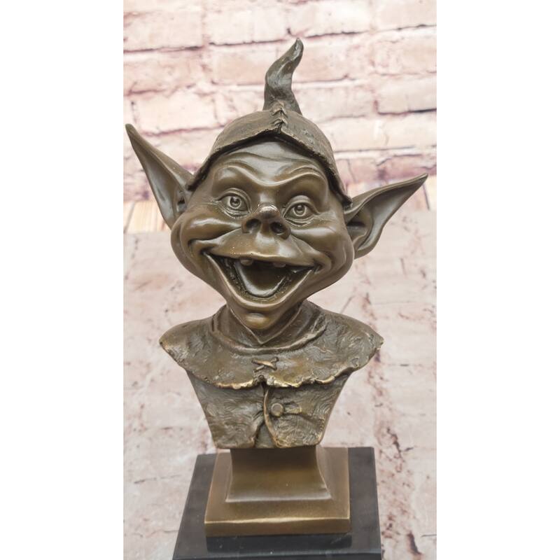 Whimsical Bronze Goblin Bust – Playful Fantasy Sculpture On Marble Base