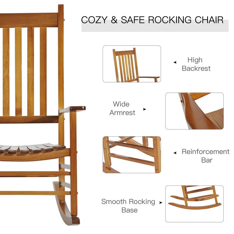 Outdoor Rocking Chair, Patio Wooden Rocking Chair with Smooth Armrests, High Back