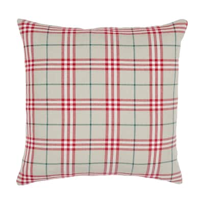 KAF Home Feather Filled 20 x 20 Holiday Throw Pillow - Traditional Check - Gray Red Green