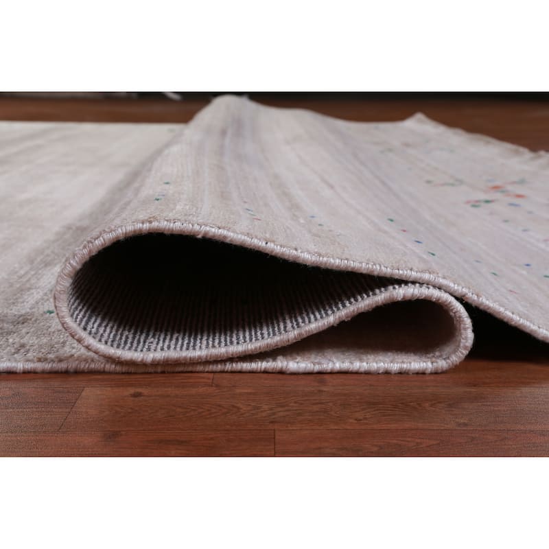 Hand Knotted Oriental Viscose Silk Carpet Tribal Stripe Greys & Charcoal Gabbeh Area Rug - 12' 4'' X 9' 3''