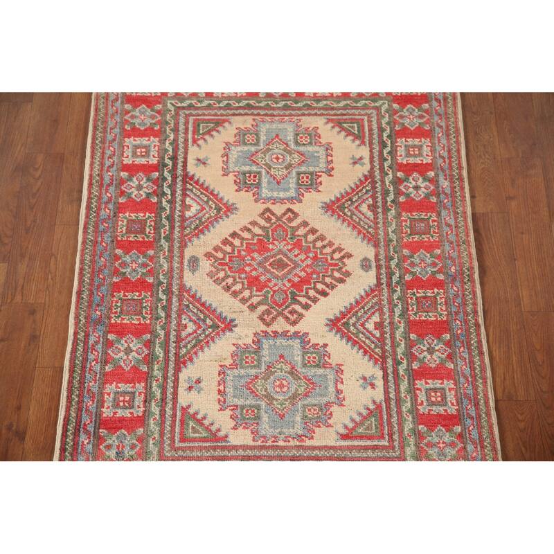 Geometric Kazak Accent Rug Handmade Oriental Beige Wool Carpet - 2'9"x 4'0"