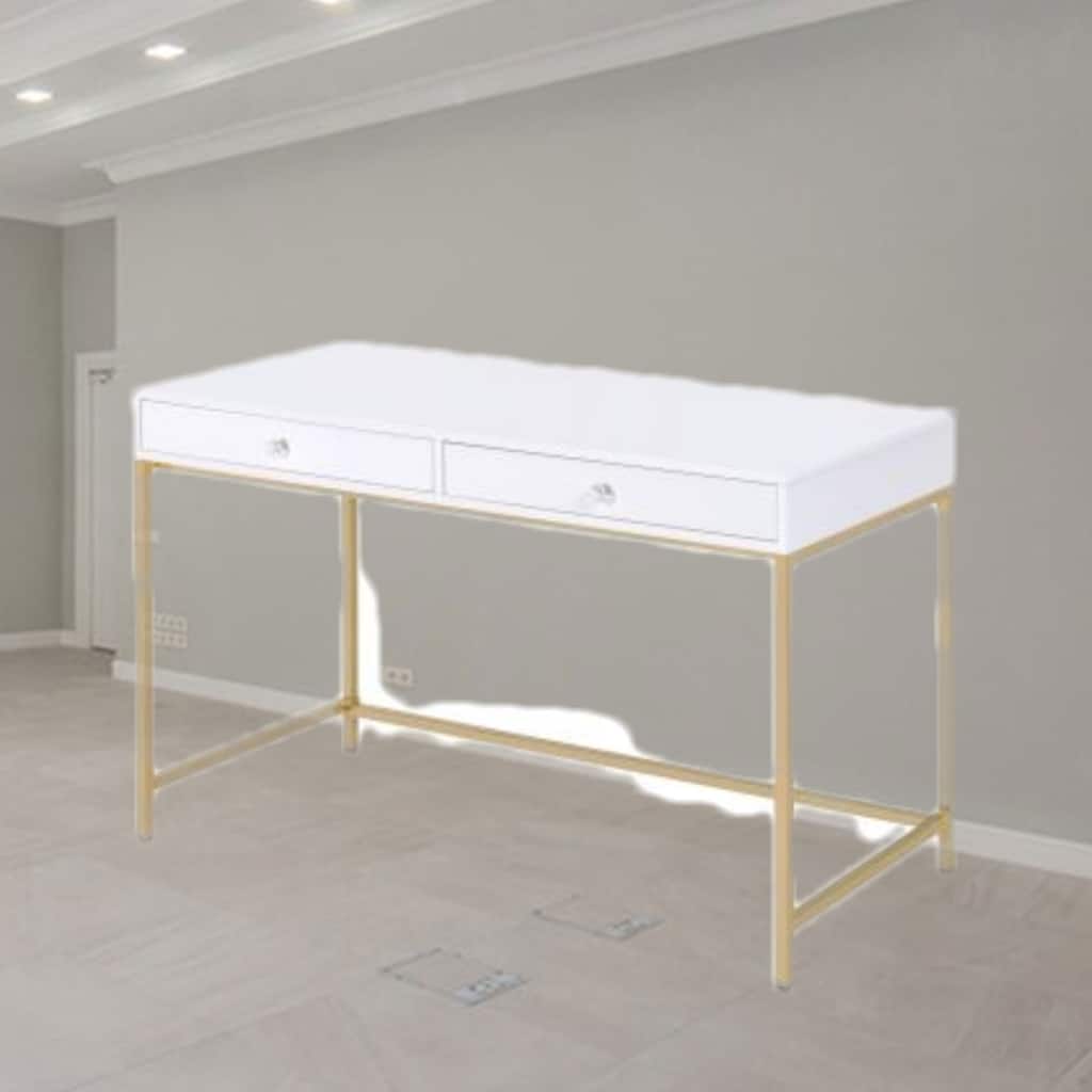 Modern Writing Desk with Sleek Gold Metal Base, High-Gloss White Surface, and Two Storage Drawers for Stylish Workspace