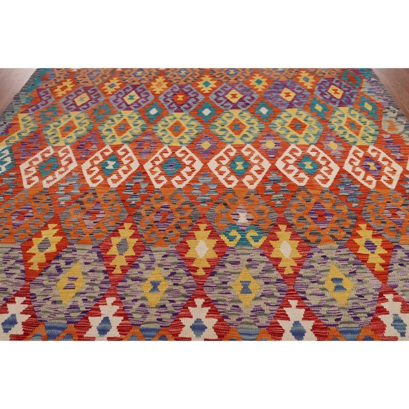 Reversible Orange Kilim Area Rug Flatweave Oriental Wool Carpet - 7'11" x 9'7"
