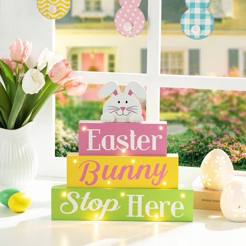 Glitzhome 12"L LED Lighted Easter Wooden Bunny Block Word Sign Table Decor Spring Gifts