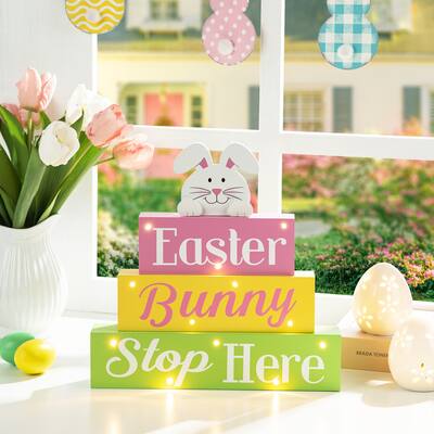 Glitzhome 12"L LED Lighted Easter Wooden Bunny Block Word Sign Table Decor Spring Gifts