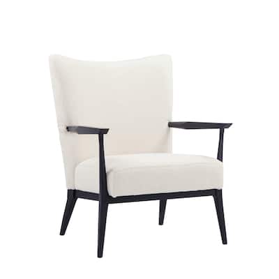 Nie 29 Inch Lounge Armchair, Wingback, White Boucle Upholstery, Black Metal