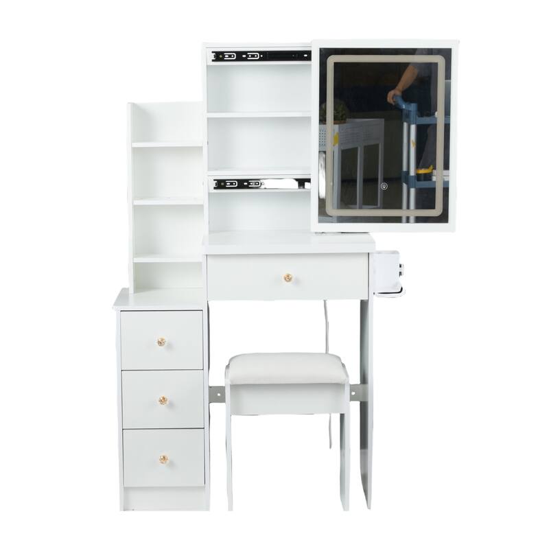Dressing Table Set, 29.2" Vanity w/ LED Mirror, Charging Station,Stool
