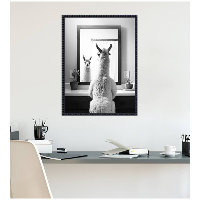 Kate and Laurel Sylvie Llama Bathroom Art Mirror Black and White Framed Canvas by The Creative Bunch Studio