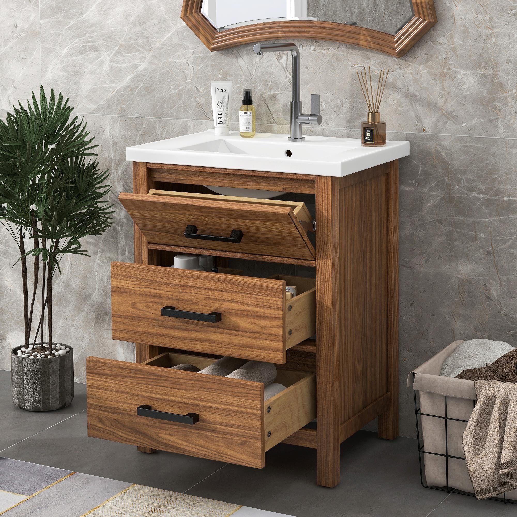 Modern 24" Bathroom Vanity - Ceramic Sink and 3-Drawer Storage Cabinet